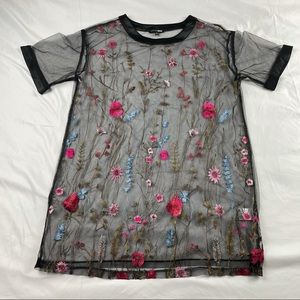 Fashion Nova Black Mesh Floral Lace Top Large